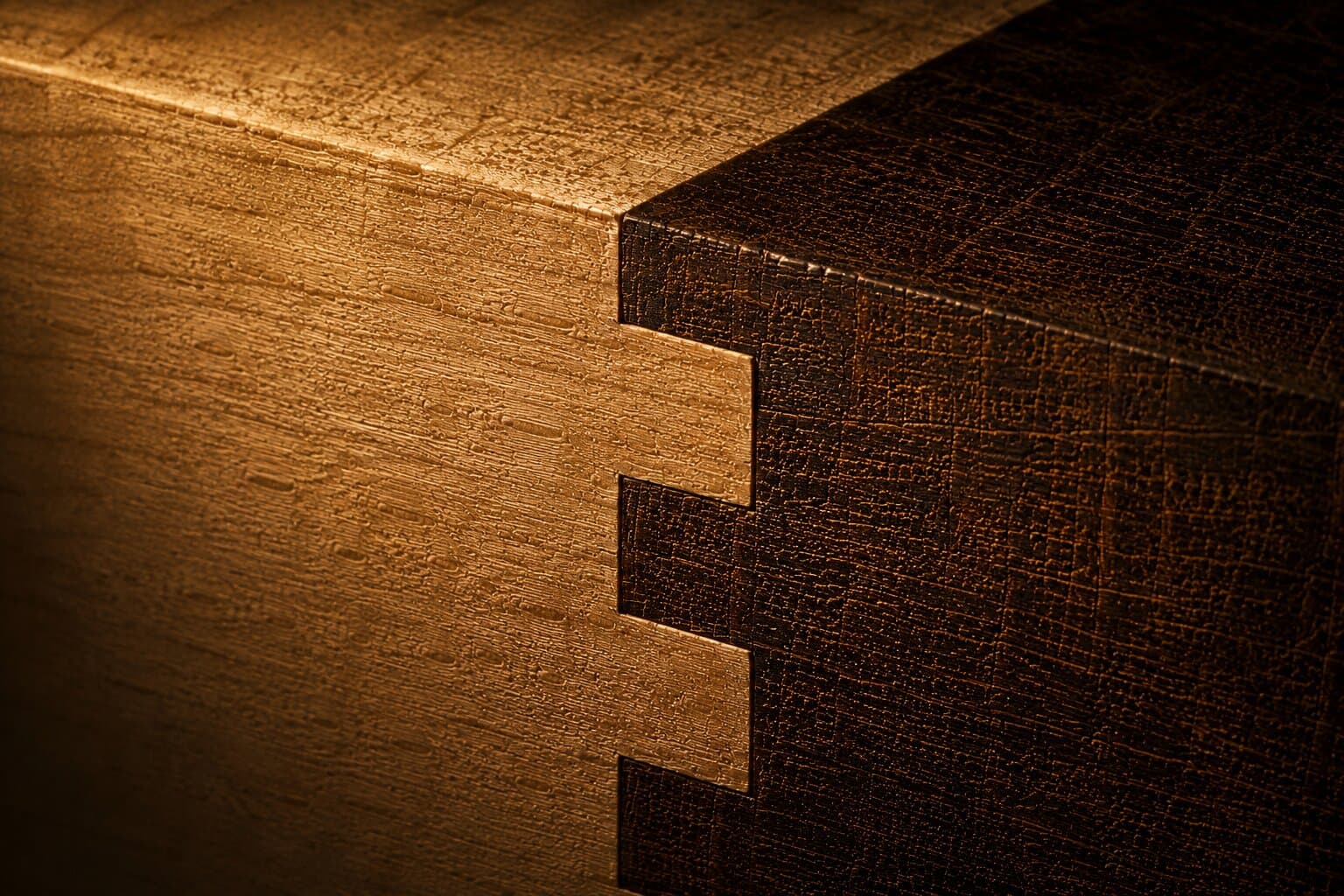 A wood joint, close up.