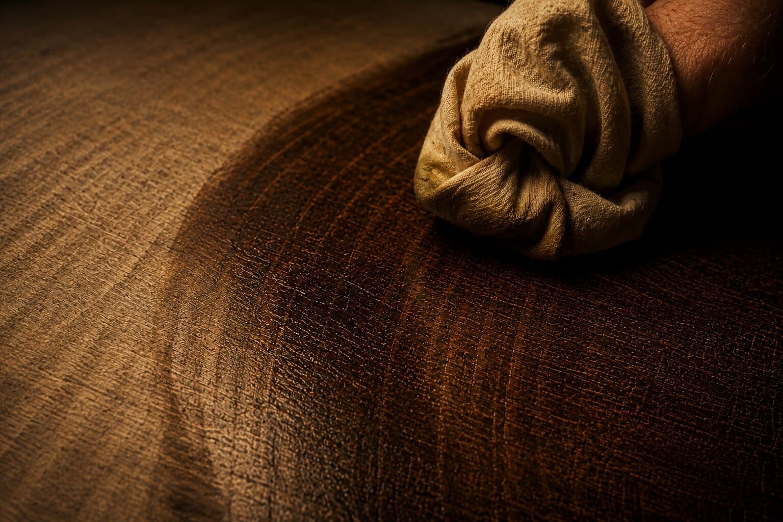 Tung oil being worked into the wood.